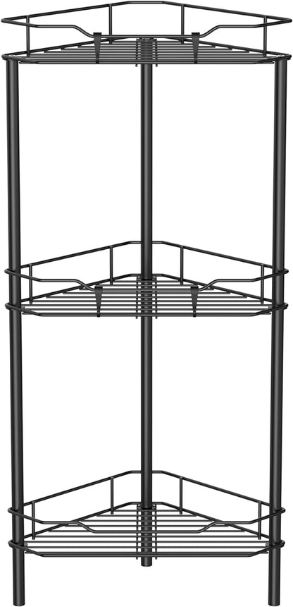 3 Tier Floor Standing Corner Shower Caddy Organizer Shelf with Hooks, Bathroom Shelves Stand Rack, Black