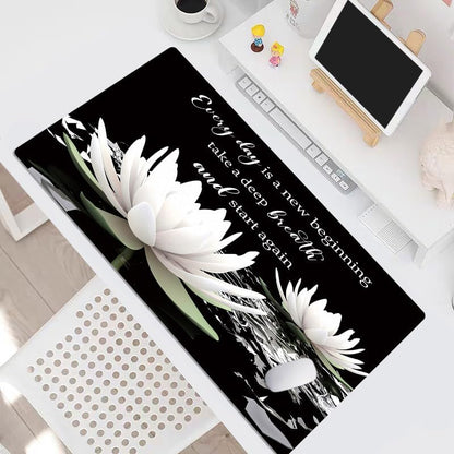 LB Black and White Floral Mouse Pad Plant Flower with Inspirational Quotes Large Mouse Pad for Desk Modern Aesthetic Desk Pad for Office and Home Non-Slip Rubber Base Mouse Mat 15.75L X 31.5W Inch