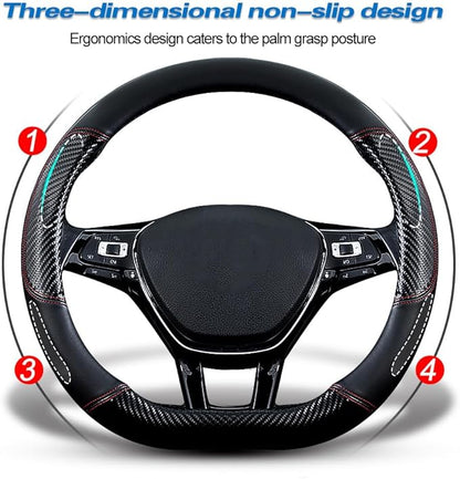 Car Carbon Fiber and Leather D-Shape Steering Wheel Cover, Stylish car Non-Slip Leather car Interior 15 inches Universal Black and Red