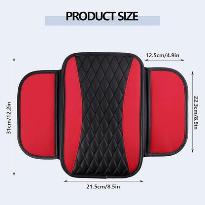 Leather Car Center Console Cover,Upgraded Center Console Cushion Pad with Side Pockets,Patchwork Arm Rest Cover for Car,Waterproof Armrest Seat Box Covers,Universal for Most Vehicles (Red)
