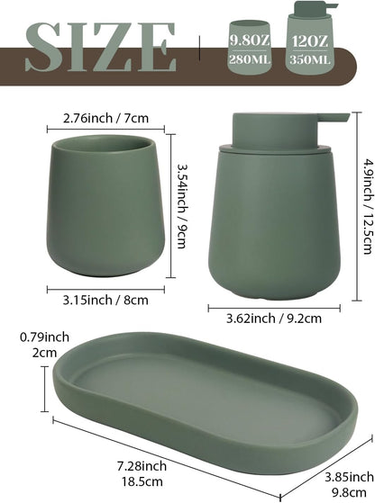 INGOFIN 3 Pcs Ceramic Bathroom Accessory Set - Foam Soap Dispenser, Toothbrush Holder & Tray, Bathroom Counter Set, Countertop Essentials for Home, Guest Bathroom, or Office Use, Matte Green