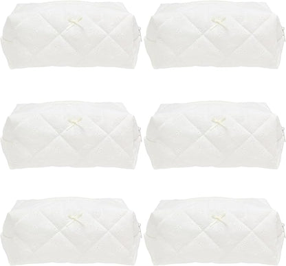 PAZIMIIK 6PCS Cozy Makeup Bag SET Travel Cosmetic Bag for Women Soft Toiletry Bag Aesthetic Makeup Organizer Portable Large Zipper Pouch for Skincare Beauty Accessories Brushes Embroidery White
