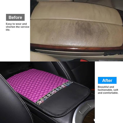 Bling Leather Car Center Console Cover, Car Center Console Protector With Glossy Crystal Rhinestone, Universal Waterproof Car Armrest Seat Box Cover For Most Car, Vehicles, SUVs, Trucks (Purple)