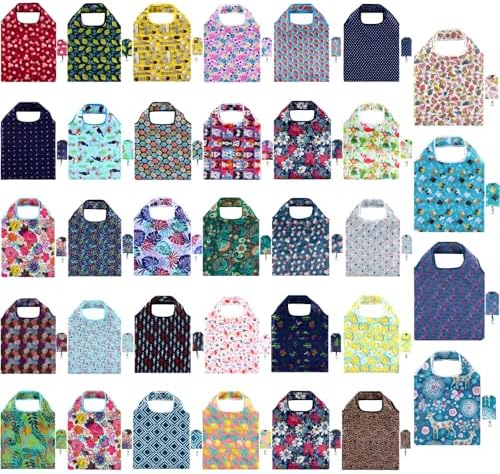 Shappy 34 Pcs Reusable Floral Grocery Bags Foldable Nylon Tote Bags Washable Shopping Bags Extra Large Cute Flower Reusable Bags with Attached Pouch for Women Grocery Shopping Supplies