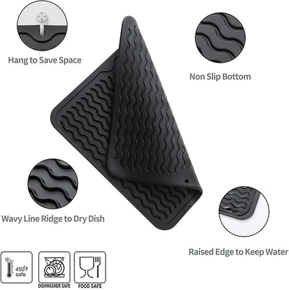 Silicone Dish Drying Mat for Multiple Usage,Easy clean,Eco-friendly,Heat-resistant Silicone Mat for Kitchen Counter or Sink,Refrigerator or Drawer liner Black M 12 inches x 12 inches