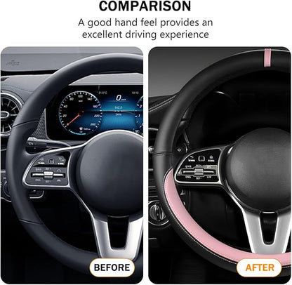 Car Steering Wheel Cover, 15 Inch Leather Anti-Slip Breathable Vehicle Steering Wheel Protector, Automotive Interior Protection Accessories, Universal for SUV Sedan Truck (Black/Pink)