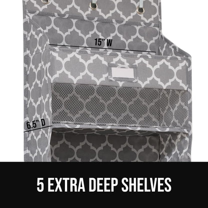 GORILLA GRIP Large Capacity Closet Organizer, 5 Deep Shelves, Holds 50lbs, Over the Door Organizers 6 Mesh Pockets, Shelf Storage for Clothes Crafts Essentials, 3 Metal Hooks, 58x15 Inches, Quatrefoil