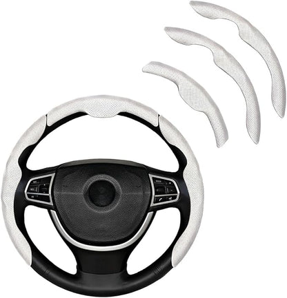 3PCS Car Steering Wheel Cover, Nappa Leather Breathable Non-Slip Segmented Steering Wheel Protector, Snap-on Auto Interior Decoration Accessories, Universal Fit (White)