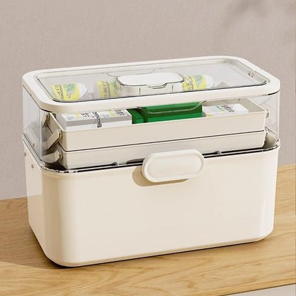 3-Tier Portable Medicine Storage Box, Medical Organizer With Removable Small Medicine Box, Dustproof & Moisture-Proof, Family Size with Transparent Visual Design, Suitable for Home&Travel Use (White)