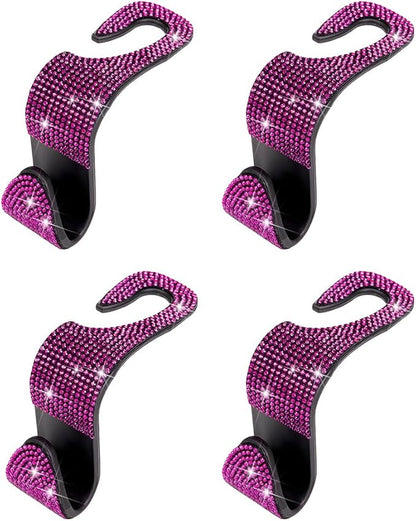 4PCS Bling Car Seat Headrest Hooks, Crystal Rhinestone Vehicle Back Seat Hanger Holder, Auto Interior Headrest Hanging Storage Organizer for Purse Handbag Coat, Universal Fit (Black/Pink)