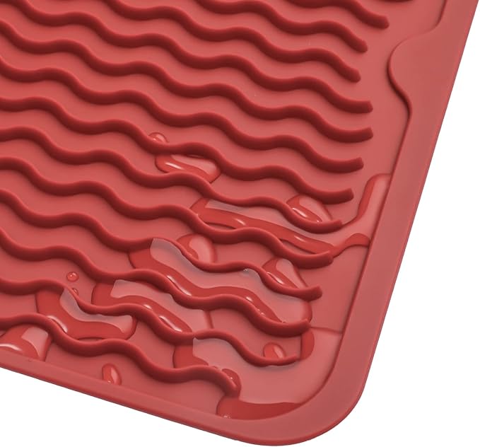 Silicone Dish Drying Mat for Multiple Usage,Easy clean,Eco-friendly,Heat-resistant Silicone Mat for Kitchen Counter or Sink,Refrigerator or drawer liner Red L 16 inches x 12 inches