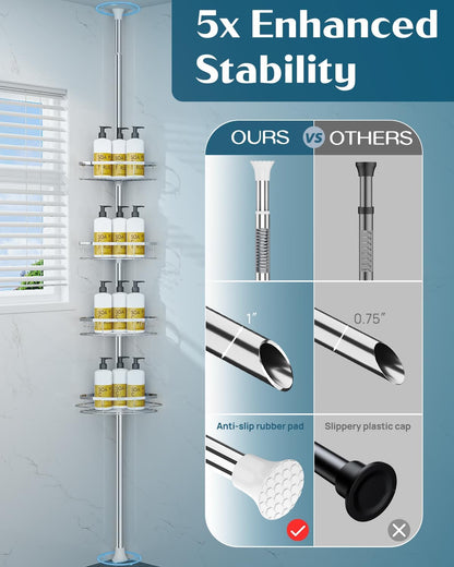 SEIRIONE Rustproof Shower Corner Caddy Organizer for Bathroom, 4 Adjustable Shelves with Tension Pole, for Bathtub Shampoo Accessories Storage Holder, 34 to 116 Inch Height
