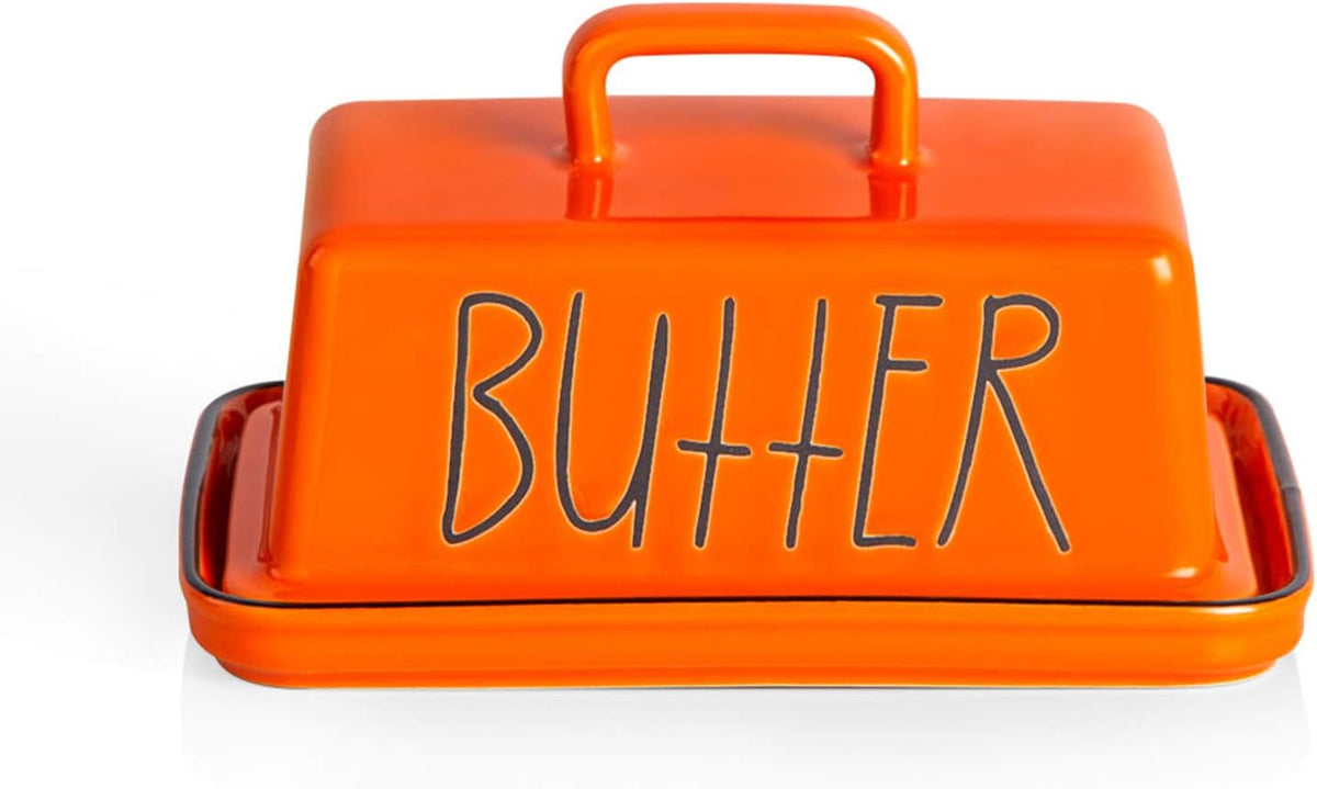 Sweejar Ceramic Butter Dish with Handle Lid, 7.3 Inch Porcelain Large Butter Keeper with Cover, Perfect for East/West Butter (Orange)