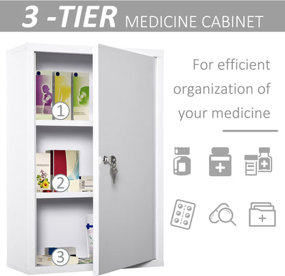 kleankin Steel Wall Mount Medicine Cabinet 3 Tier Emergency Box for Bathroom Kitchen, Lockable with 2 Keys, White