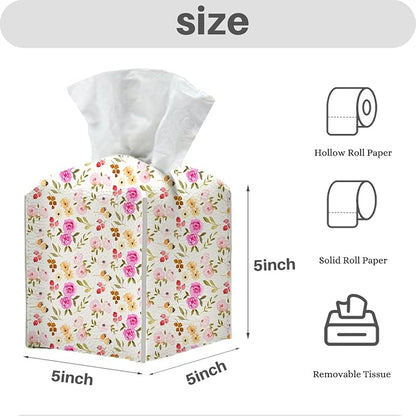 Tissue Box Cover, Tissue Box Holder, Square with Belt Bottom, PU Leather Decorative Organizer for Desk, Table, Countertop Bathroom, Toilet Car, Office, Dresser Bedside, Aesthetic Flowers Fruits Decor