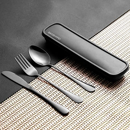 SAOSHYPEI Travel Utensils with Case, 4-Piece Stainless Steel Set, Black
