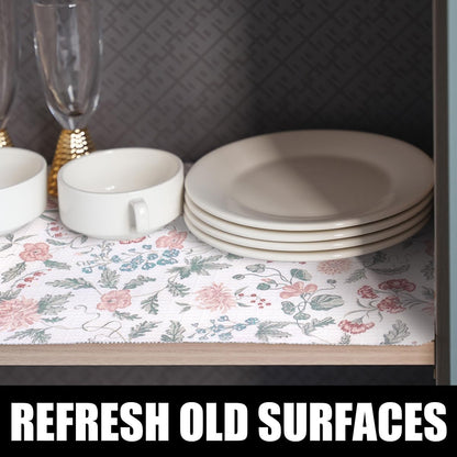 Floral Drawer and Shelf Liner for Cabinets, Non-Adhesive and Strong Non-Slip Shelf Cabinet Drawer Liners for Kitchen, Table,Bookshelves,Waterproof Cupboard Liners,Easy to Clean,12IN x 10FT