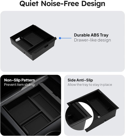 4PCS Upgraded Tesla Model Y Juniper (2024–2026) Accessories & Tesla Model 3 (2025 Highland) Accessories Center Console Organizer, Hidden Storage Box, Cup Holder, and Armrest Drawer Organizer