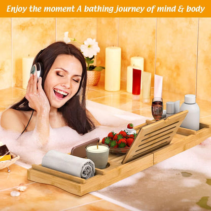 Bamboo Bathtub Tray for Luxury Bathroom, Expandable Premium Bath Tray w/Soap Towel Book Holder, Adjustable Bath Accessories for Tub,Extendable Tub Tray w/Wine Glass Cup Organizer 29.5"-43.3" Nature