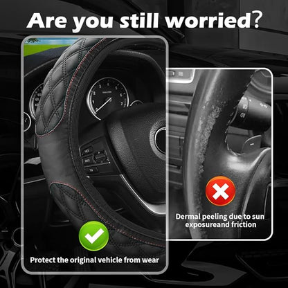 15 Inch Car Steering Wheel Covers with Double Colors,Non-Slip Leather Steering Wheel Cover for Protecting Steerings Wheels,Universal Cars Decorations Car Wheels Cover (Black)