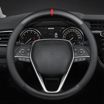 Carbon Fiber Leather car Steering Wheel Cover, Comfortable and Anti-Skid, Universal 15 inch (Black)