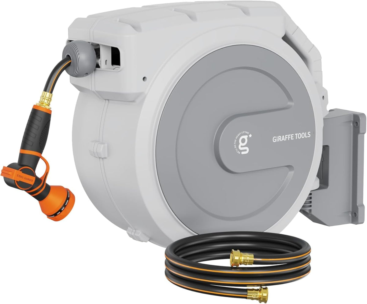 Giraffe Tools Heavy Duty Retractable Garden Hose Reel 1/2 130 FT, Wall Mounted with 9 Pattern Nozzle & Detachable Leader Hose, 180° Swivel Bracket, Any Length Lock, Commercial Grade (Light Grey)