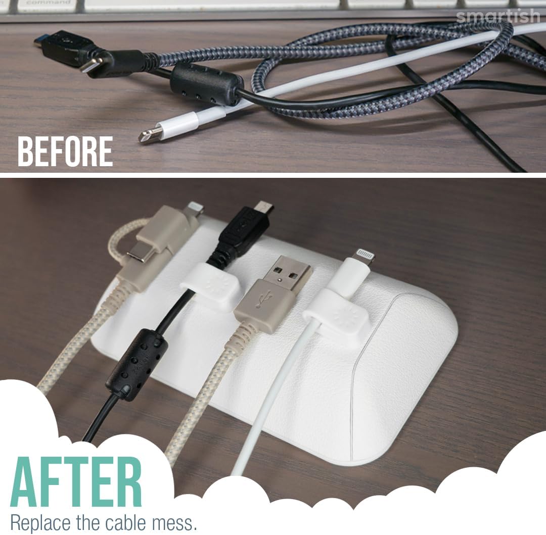 Smartish® Magnetic Cord Holder - Bigger Cable Wrangler Stocking Stuffer Organizer with Magnet Clips for Charger Management on Desktop, Nightstand - Holds 6+ Cables - Snow Day White