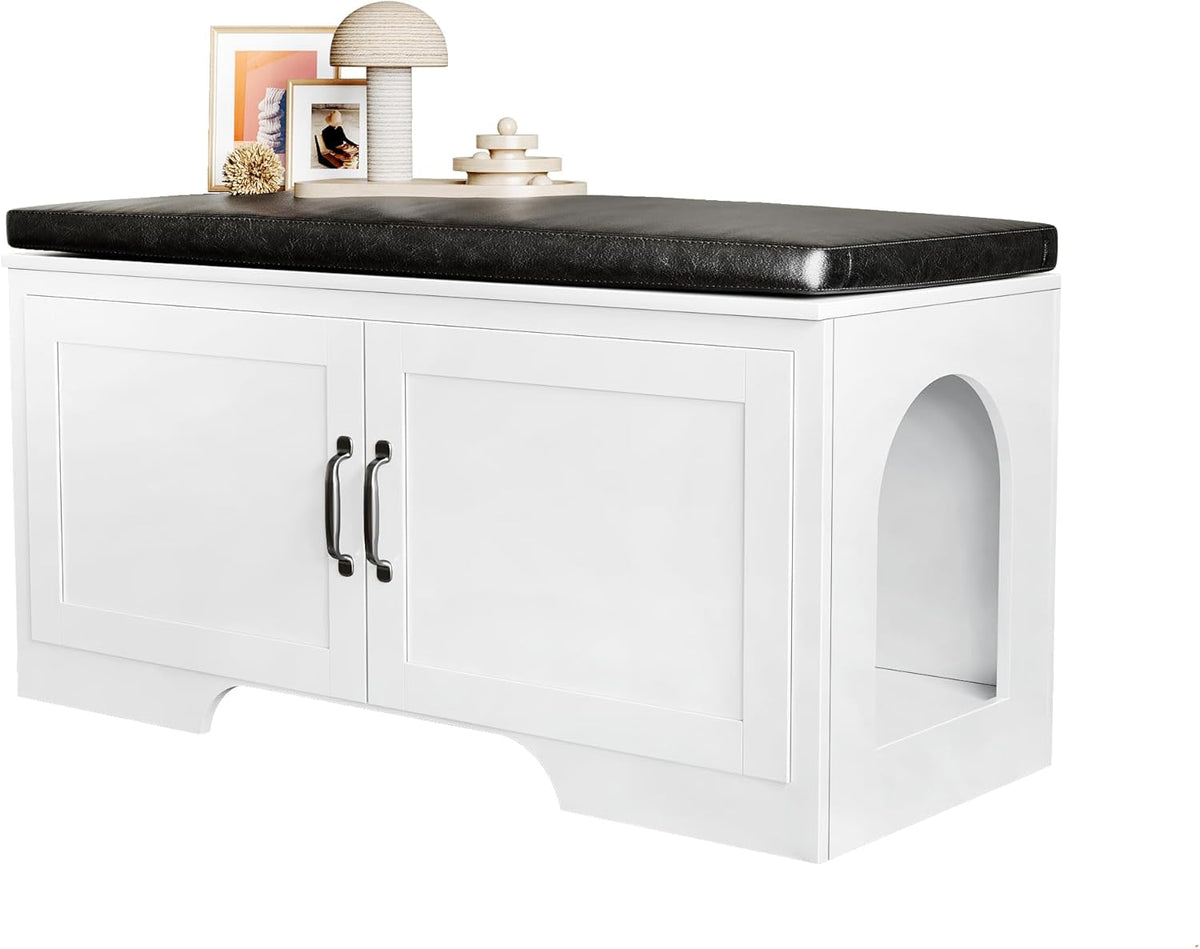 Modern Cat Litter Box Enclosure, 39" Hidden Litter Box Furniture with Removable Padded Seat Cushion, Flip-Top Design, Cat Washroom Bench with Storage Cabinet, Fit Most of Litter Box,White