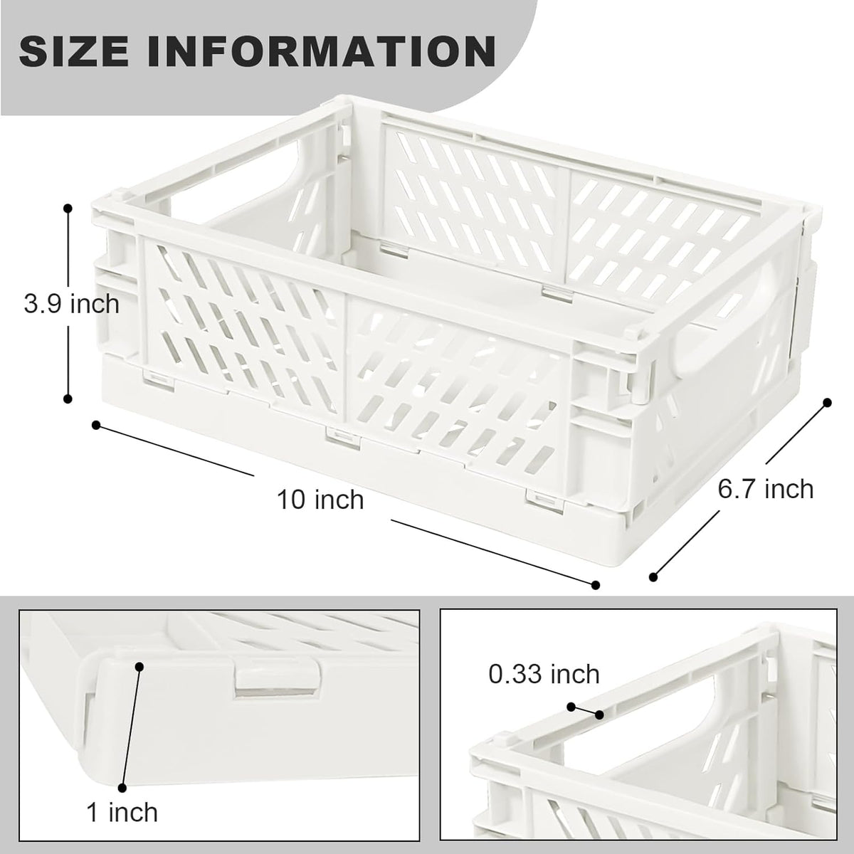 Small Pastel Plastic Storage Bins 2Pcs Foldable Pastel Crates Plastic Basket Colorful Storage Containers Baskets for Classroom Kitchen Office Bedroom Desktop Home Decor (White 9.8" x 6.5" x 3.8")