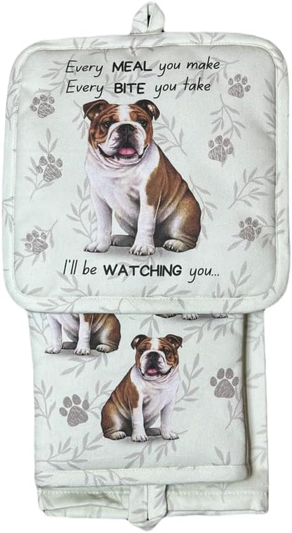 Bulldog 3-Piece Kitchen Set - Oven Mitt, Pot Holder & Kitchen Towel Set, Heat Resistant up to 420 F, Soft Quilted Cotton for Cooking, Baking, BBQ, Pet Lover Gifts (Bulldog)