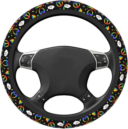 LGBTQ Pride Rainbow Heart Steering Wheel Cover for Women Elastic Rubber Steering Wheel Universal 15 Inch Fit for Cars, Auto, SUVs