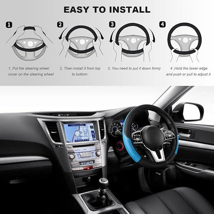 Car Steering Wheel Cover, 15 Inch Carbon Fiber Elastic Vehicle Steering Wheel Protector, Breathable Leather Auto Wheel Covers for Women Men, Interior Car Accessories (Black & Blue, AD)
