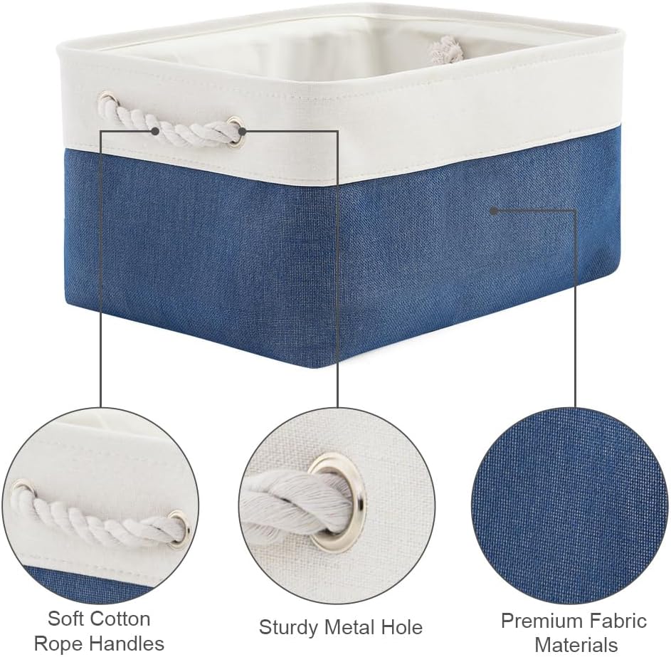 TheWarmHome Storage Basket for Organizing - Medium 3 Pack 14x10x7 inch Fabric Storage Cubes for Shelves with Rope, Collapsible Storage Bin for Organizer Closet Cloth Gift Toy (White & Jean Blue)