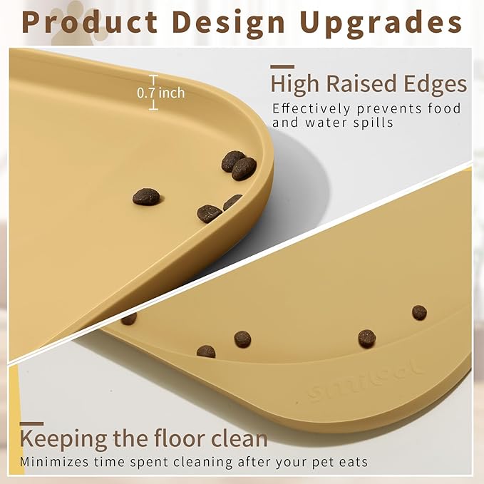 Smilool Silicone Pet Food Mat with Raised Edge for Food and Water Bowl, Dog Feeding Mats, Cat Food Trays for Floor Waterproof, Rubber Tray for Dogs and Cats, 17 x 12 x 0.7 Beige