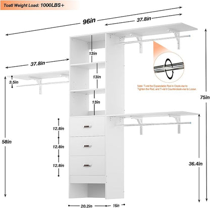 Armocity 96 Inches Closet System, 8FT Walk In Closet Organizer