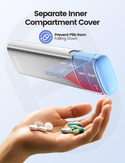 Vaydeer Metal Travel Pill Organizer – Compact Weekly Pill Box for Daily Medication – Portable Small Pill Case for Vitamins, Pills & Supplements (Purple)