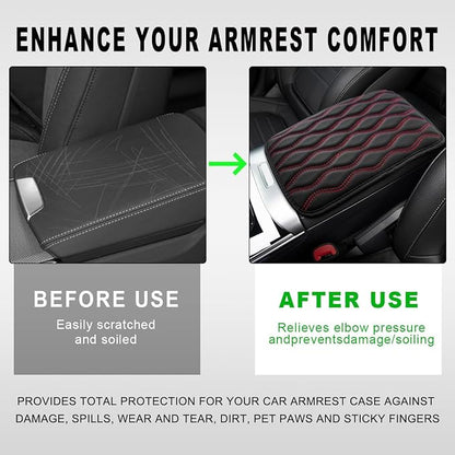 Car Center Console Cushion Pad, 12.48×7.40 Inches Waterproof Car Armrest Seat Box Cover, Comfortable PU Leather Vehicle Armrest Cover Protector, Car Decor Interior Accessories (Black＋Red)