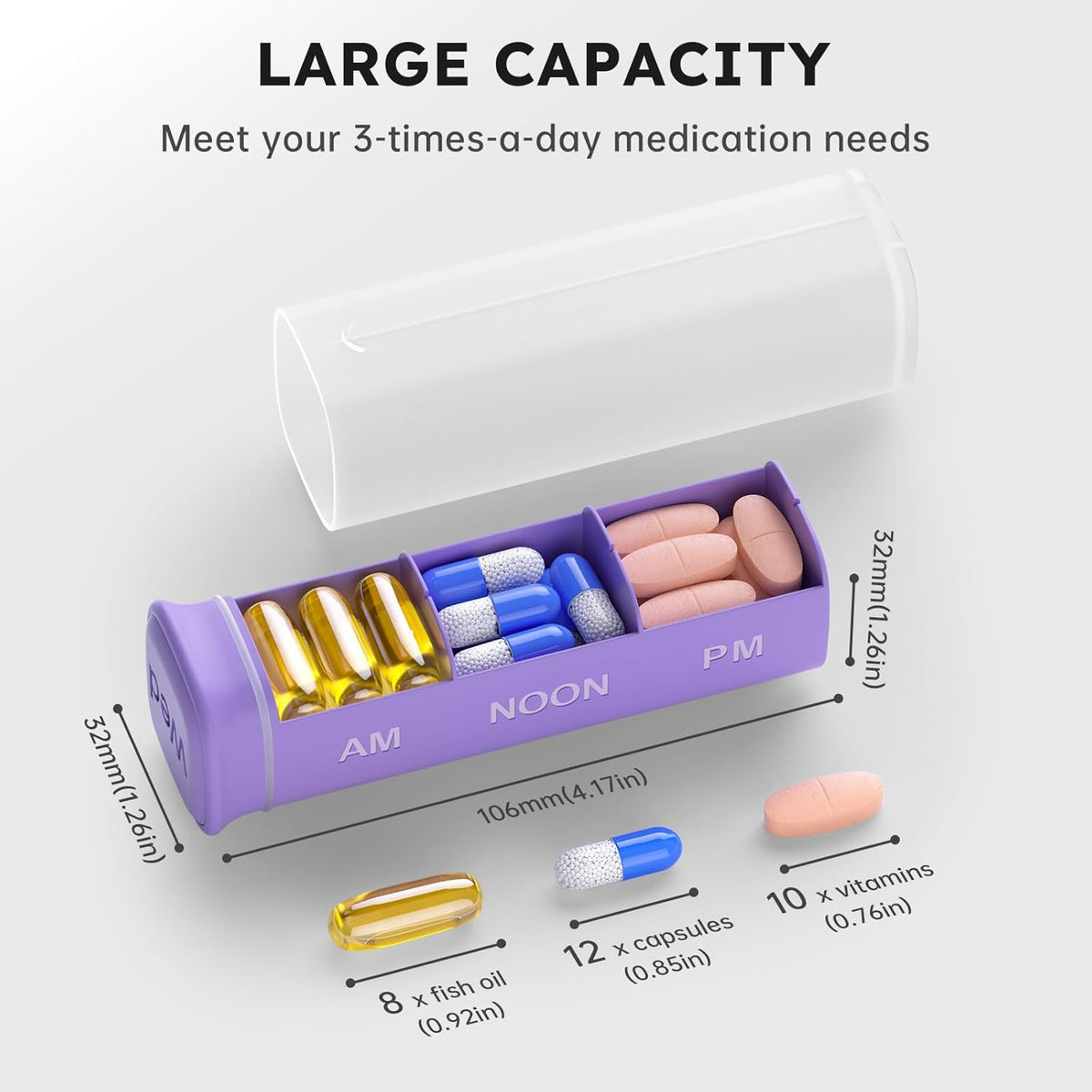 Weekly Pill Organizer 3X a Day, Detachable Pill Box 7 Day, Large 3 Times Daily Pill Case, Travel Pill Container Holder, Week Medication Dispenser Pillbox for Vitamin Supplement Medicine, Purple