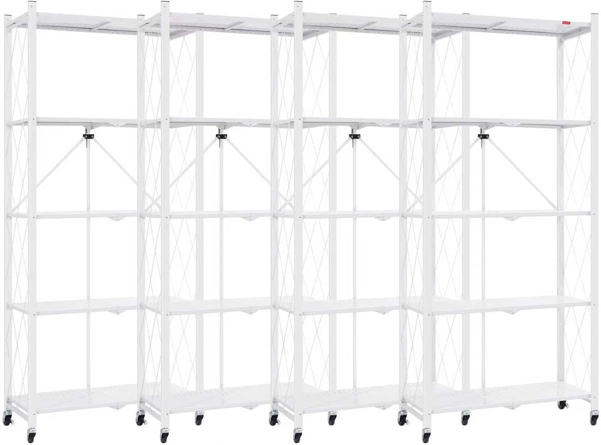DEANIC 5 Tier Foldable Storage Shelves with Wheels, Large Capacity Shelving Unit, Freestanding Metal Wire Shelf Rack, No Assembly Organizer Rack for Garage Kitchen, Basement, Pantry(White Pack of 4)