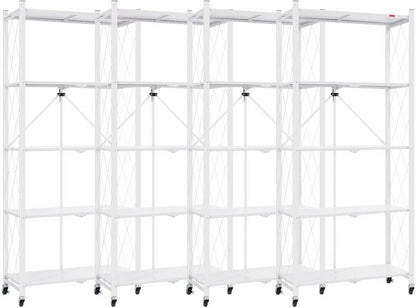 DEANIC 5 Tier Foldable Storage Shelves with Wheels, Large Capacity Shelving Unit, Freestanding Metal Wire Shelf Rack, No Assembly Organizer Rack for Garage Kitchen, Basement, Pantry(White Pack of 4)