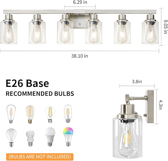 DIKAIDA Bathroom Vanity Light, 6-Light Nickel Modern Matte Wall Sconce Lighting
