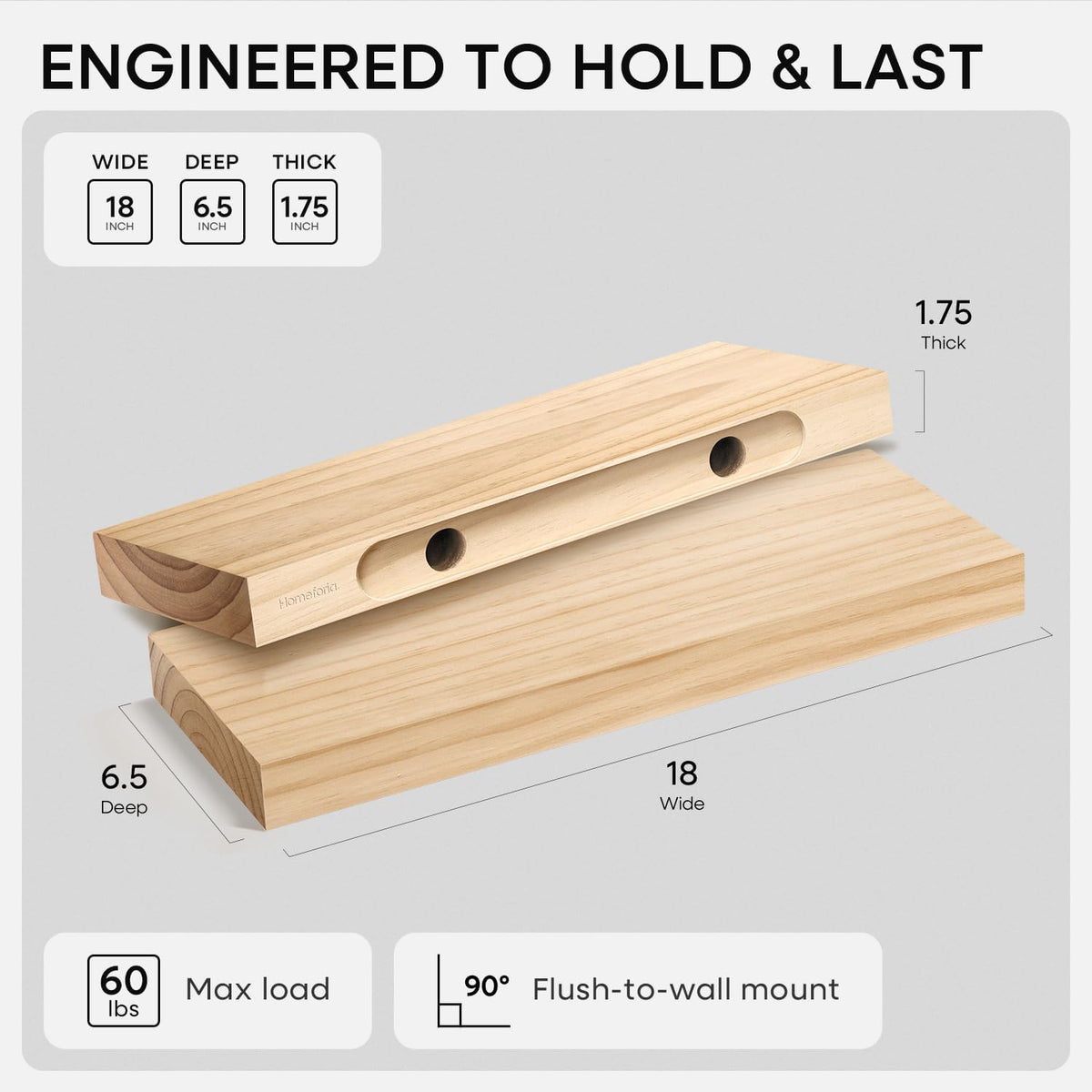 Homeforia 18 inch Natural Floating Shelf, High End Solid Real Wood 18inch Small Floating Shelves for Wall Mounted, Natural Wooden Floating Shelves, Heavy Duty Bracket, 18 X 6.5 X 1.75 in, Set of 3