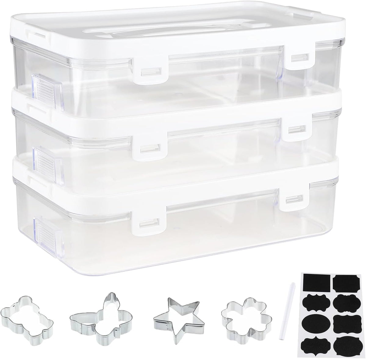 3 Pack of Cookie Cutter Storage, Handheld Transparent Cookie Cutter Organizer Storage with a Sticker and a Pen,Cover to Prevent Dust,Can be Used Alone or Hidden for Stacking