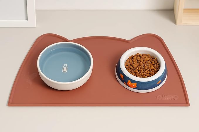 OHMO - Cat Food Mat, Silicone Pet Feeding Mat for Floor Non-Skid Waterproof Dog Water Bowl Tray, Easy to Clean Pet Placemat (Erythrinus, 18 * 9.8'')