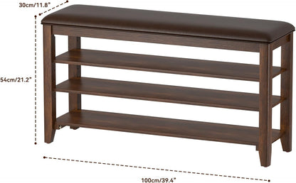 Shoe Rack Bench Entryway Storage with Leather Cushion, Shoe Organizer Bench for Entryway, Ideal for Front Doors Entrances Hallway Mudroom Featuring Rubberwood And 3 Height-Adjustable Removable Shelve