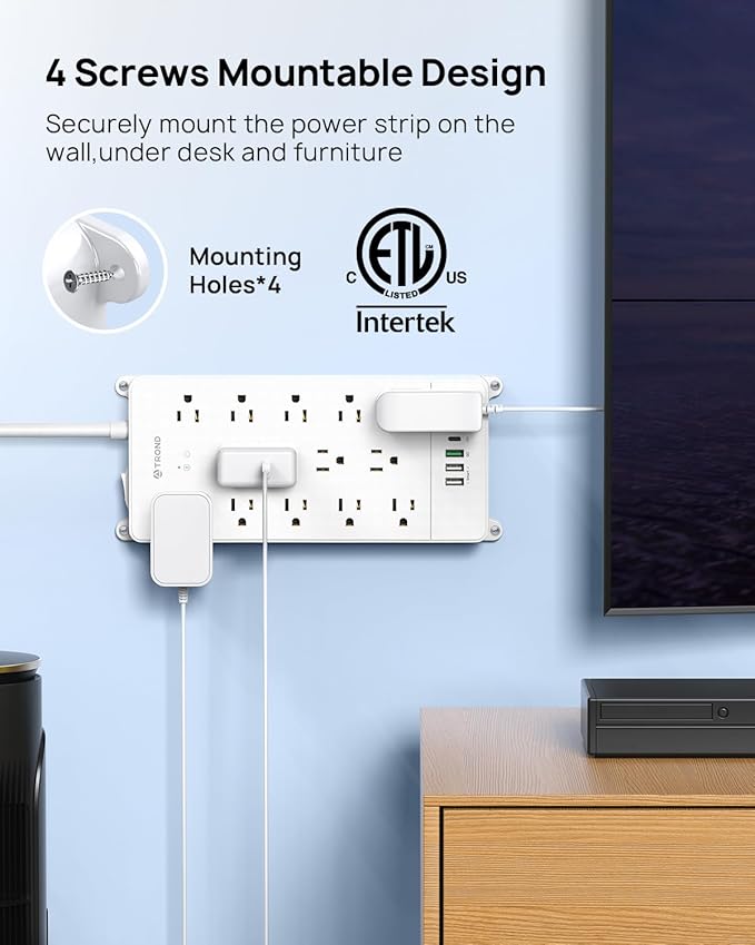 TROND Surge Protector Power Strip 10 ft, Flat Plug Long Extension Cord