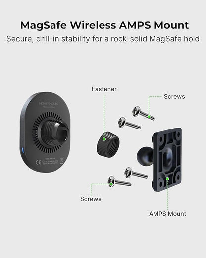 Car Cell Phone Holder with AMPS Mounting Plate - Wireless Magnetic Car Mount Charger - Stand Compatible with iPhone 14/15/16/17/Samsung, Fast Charging (Drill Base AMPS Plate)