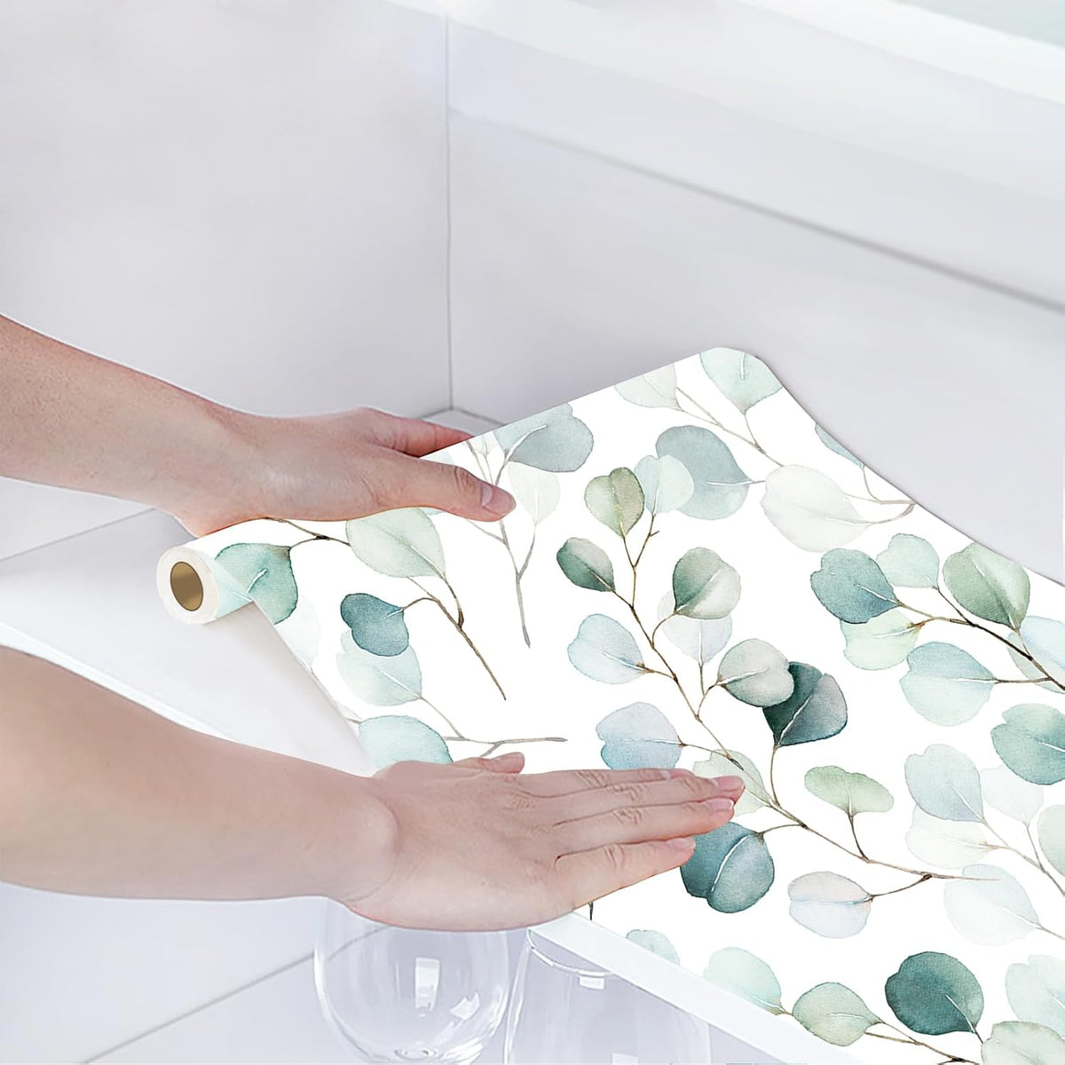 HAOKHOME Shelf Liner and Cabinet Liner Boho Leaf, Self-Adhesive Drawer Liners, Peel and Stick Contact Paper for Kitchen Cabinets and Cupboard, Bathroom Drawers, Green/White 17.3in x 16.4ft
