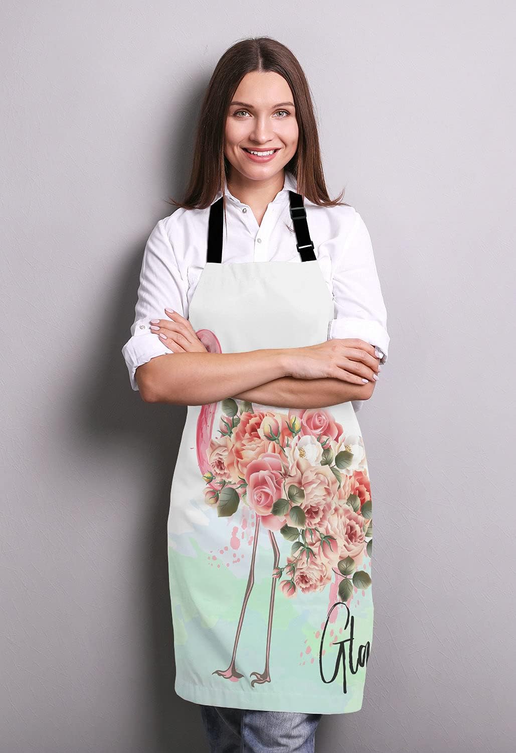 Pink Flamingo and Roses Bib Apron with Adjustable Neck for Men Women,Suitable for Home Kitchen Cooking Waitress Chef Grill Bistro Baking Apron