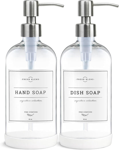 Vine Creations Clear Glass Soap Dispenser, 2 Pack Kitchen Soap Dispenser Set with Stainless Steel Pump, 16 oz Hand Soap or Dish Soap for Bathroom or Kitchen with Waterproof Labels